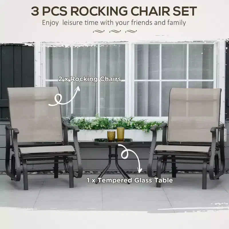 Ensemble de bistrot 3 pièces avec cadres en acier, table à plateau en verre trempé pour patio, jardin, pelouse