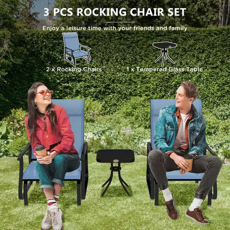 Ensemble de bistrot 3 pièces avec cadres en acier, table à plateau en verre trempé pour patio, jardin, pelouse
