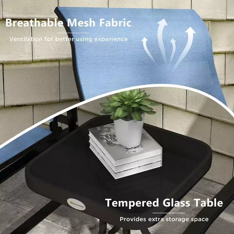 Ensemble de bistrot 3 pièces avec cadres en acier, table à plateau en verre trempé pour patio, jardin, pelouse