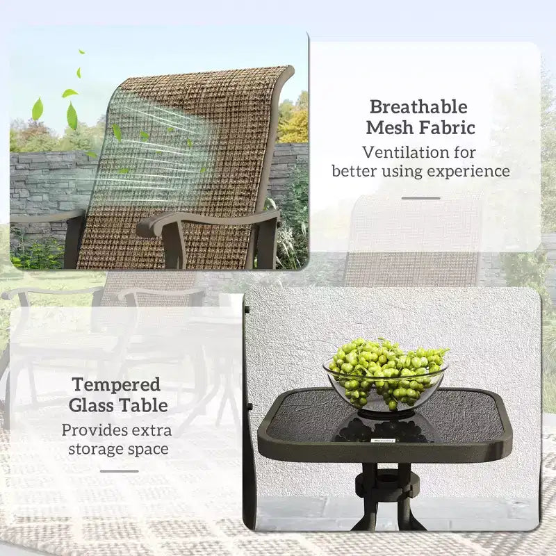 Ensemble de bistrot 3 pièces avec cadres en acier, table à plateau en verre trempé pour patio, jardin, pelouse