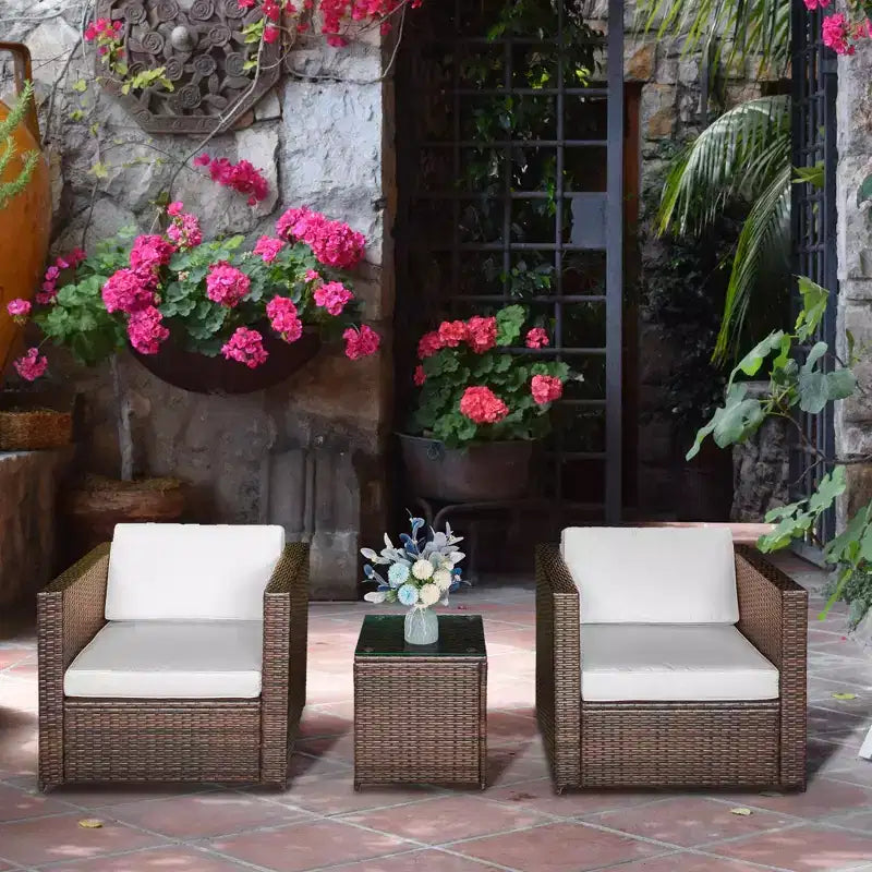 Ensemble bistro en osier pour terrasse, 2 chaises de véranda et table en verre