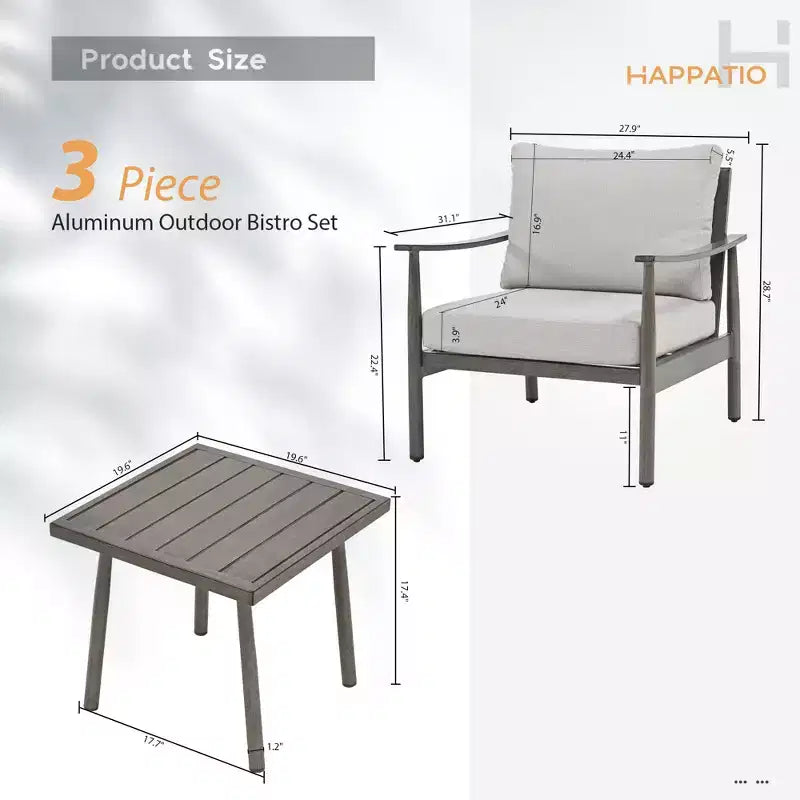 HAPPATIO Ensemble Bistro de Patio Extérieur - Ensemble de Conversation de Patio en Aluminium 3 Pièces, 2 Chaises avec Dossier en Corde et Table d'Appoint pour Jardin, Piscine.