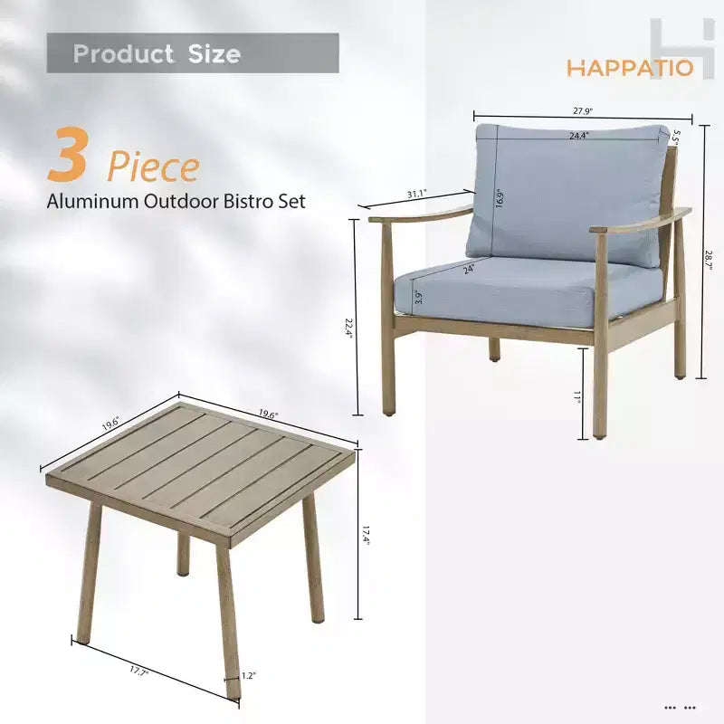 HAPPATIO Ensemble Bistro de Patio Extérieur - Ensemble de Conversation de Patio en Aluminium 3 Pièces, 2 Chaises avec Dossier en Corde et Table d'Appoint pour Jardin, Piscine.