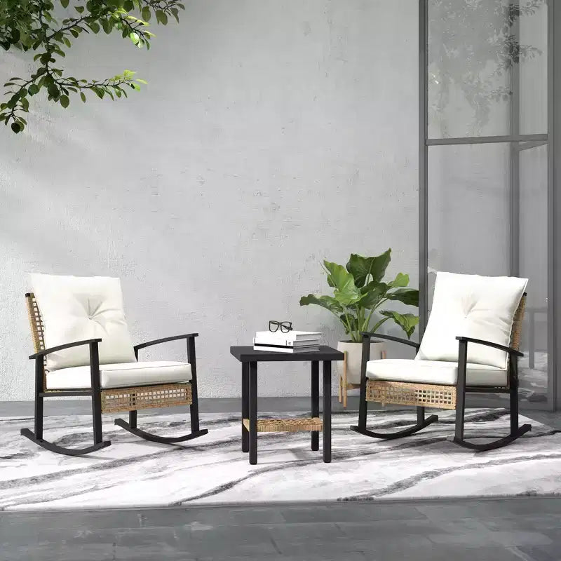 Ensemble de bistro 3 pièces, mobilier de jardin en osier avec coussins capitonnés, chaises berçantes en rotin et table