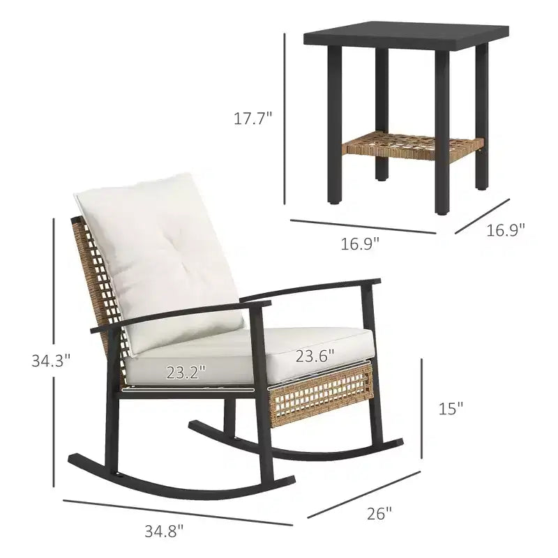 Ensemble de bistro 3 pièces, mobilier de jardin en osier avec coussins capitonnés, chaises berçantes en rotin et table
