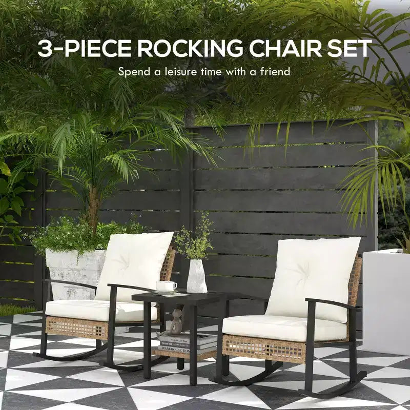 Ensemble de bistro 3 pièces, mobilier de jardin en osier avec coussins capitonnés, chaises berçantes en rotin et table