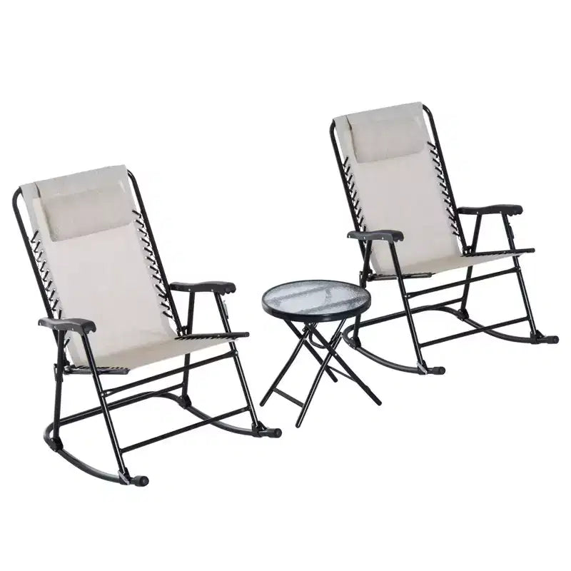 Ensemble de 3 chaises à bascule d'extérieur, ensemble de chaises à bascule pliantes avec table basse en verre, appuie-têtes pour jardin, patio, terrasse