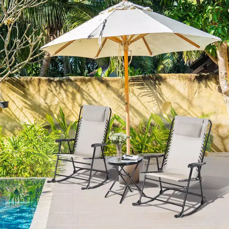 Ensemble de 3 chaises à bascule d'extérieur, ensemble de chaises à bascule pliantes avec table basse en verre, appuie-têtes pour jardin, patio, terrasse