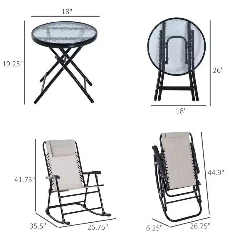 Ensemble de 3 chaises à bascule d'extérieur, ensemble de chaises à bascule pliantes avec table basse en verre, appuie-têtes pour jardin, patio, terrasse
