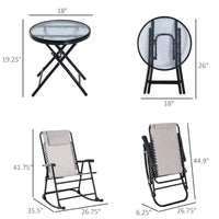 Ensemble de 3 chaises à bascule d'extérieur, ensemble de chaises à bascule pliantes avec table basse en verre, appuie-têtes pour jardin, patio, terrasse