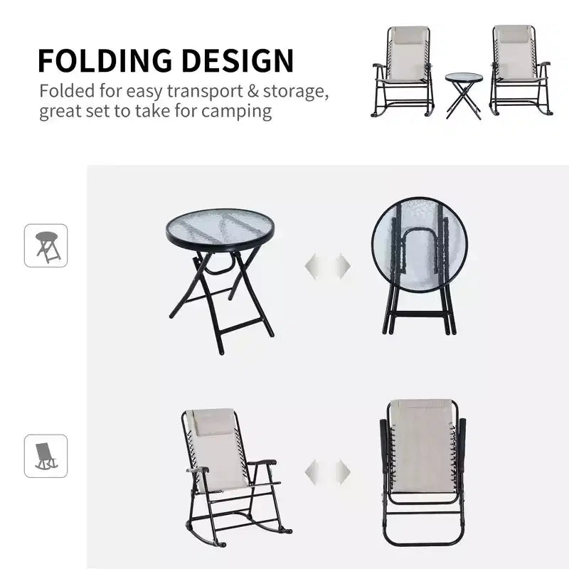 Ensemble de 3 chaises à bascule d'extérieur, ensemble de chaises à bascule pliantes avec table basse en verre, appuie-têtes pour jardin, patio, terrasse