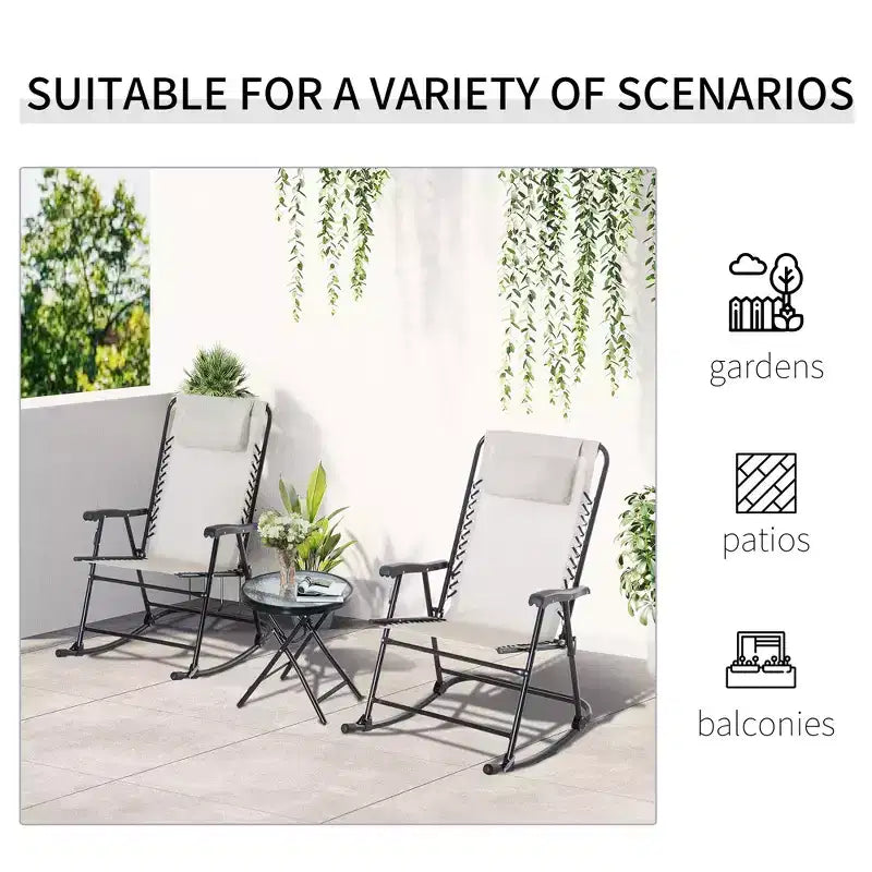Ensemble de 3 chaises à bascule d'extérieur, ensemble de chaises à bascule pliantes avec table basse en verre, appuie-têtes pour jardin, patio, terrasse