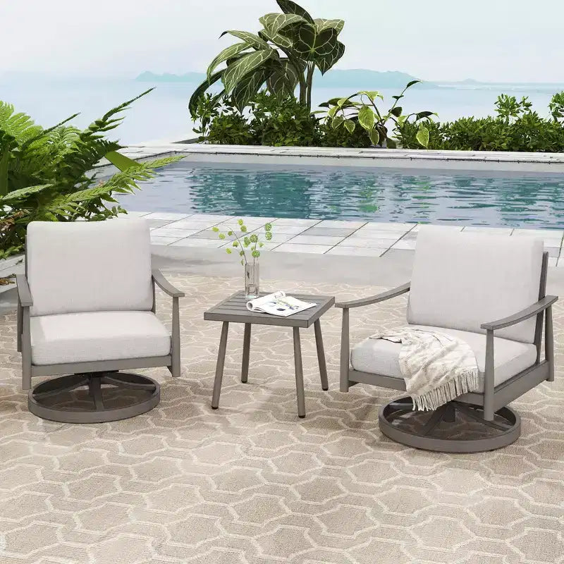 HAPPATIO Ensemble Bistro de Jardin, 3 Pièces Salon de Jardin en Aluminium, Fauteuils Pivotants et Table d'Appoint pour Jardin Piscine Pelouse