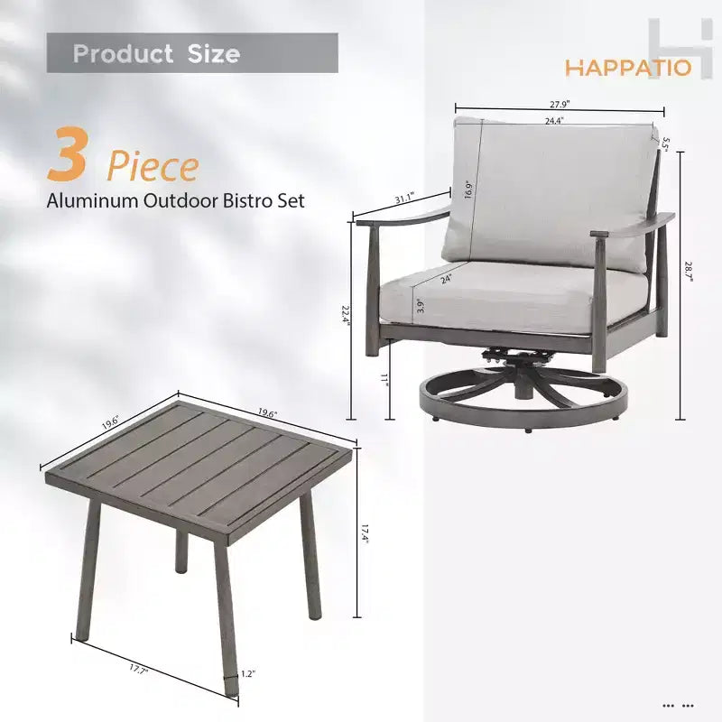 HAPPATIO Ensemble Bistro de Jardin, 3 Pièces Salon de Jardin en Aluminium, Fauteuils Pivotants et Table d'Appoint pour Jardin Piscine Pelouse
