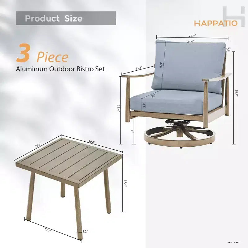 HAPPATIO Ensemble Bistro de Jardin, 3 Pièces Salon de Jardin en Aluminium, Fauteuils Pivotants et Table d'Appoint pour Jardin Piscine Pelouse
