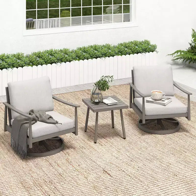 HAPPATIO Ensemble Bistro de Jardin, 3 Pièces Salon de Jardin en Aluminium, Fauteuils Pivotants et Table d'Appoint pour Jardin Piscine Pelouse