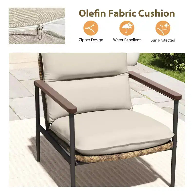Ensemble de meubles d'extérieur HAPPATIO, salon de jardin en aluminium avec assise en osier et accoudoirs en bois d'acacia, coussins épais en oléfine