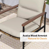 Ensemble de meubles d'extérieur HAPPATIO, salon de jardin en aluminium avec assise en osier et accoudoirs en bois d'acacia, coussins épais en oléfine
