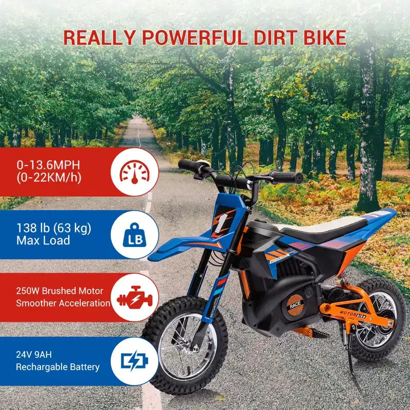 Moto électrique COZONY 24 V pour enfants, moteur 250 W, vitesse réglable jusqu'à 21,9 km/h, pneus pneumatiques, poignée antidérapante