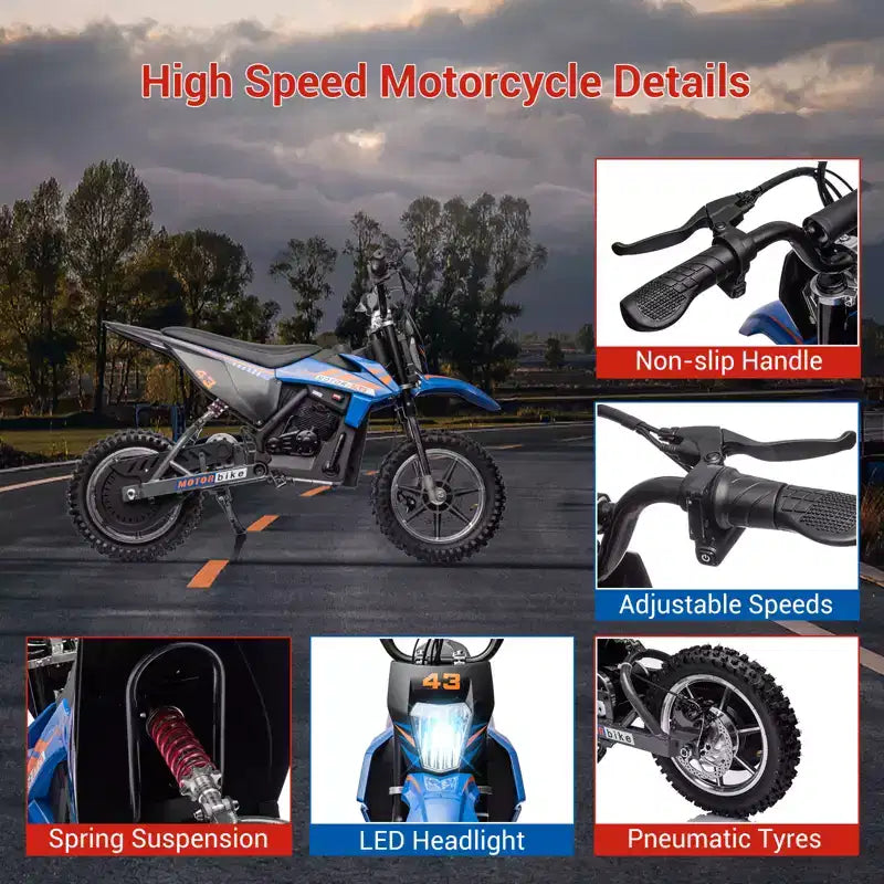 COZONY Moto électrique enfant 36 V, 25 km/h, tout-terrain, moteur 350 W, charge max. 79 kg, frein à disque, phare