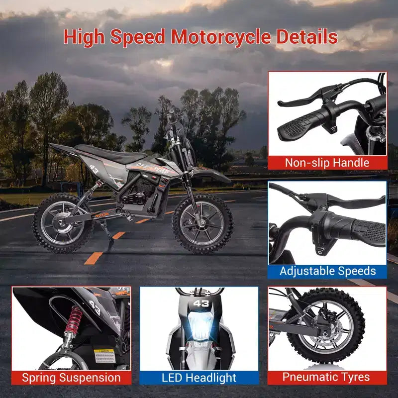 COZONY Moto électrique enfant 36 V, 25 km/h, tout-terrain, moteur 350 W, charge max. 79 kg, frein à disque, phare