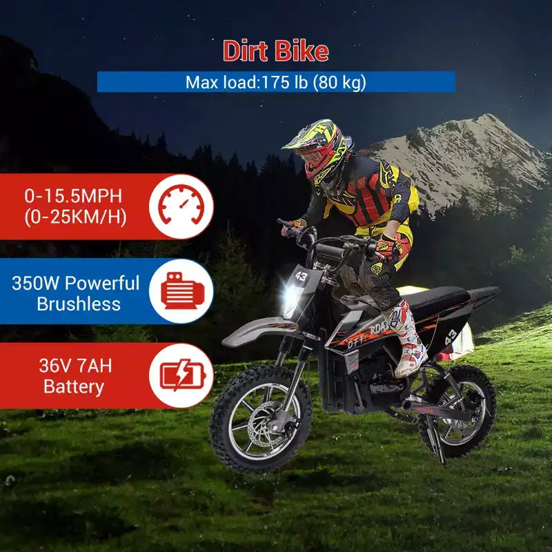 COZONY Moto électrique enfant 36 V, 25 km/h, tout-terrain, moteur 350 W, charge max. 79 kg, frein à disque, phare
