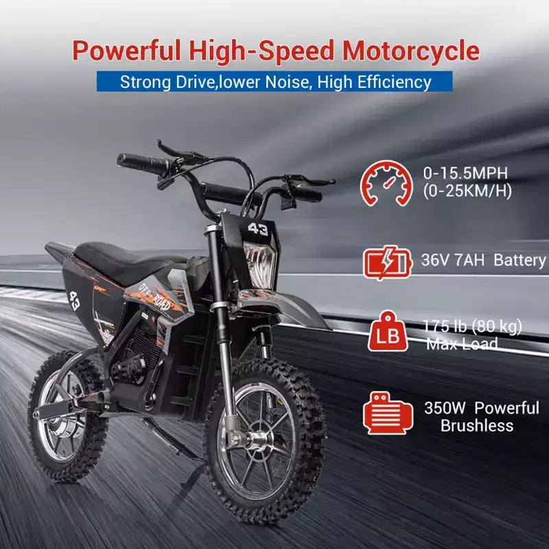 COZONY Moto électrique enfant 36 V, 25 km/h, tout-terrain, moteur 350 W, charge max. 79 kg, frein à disque, phare