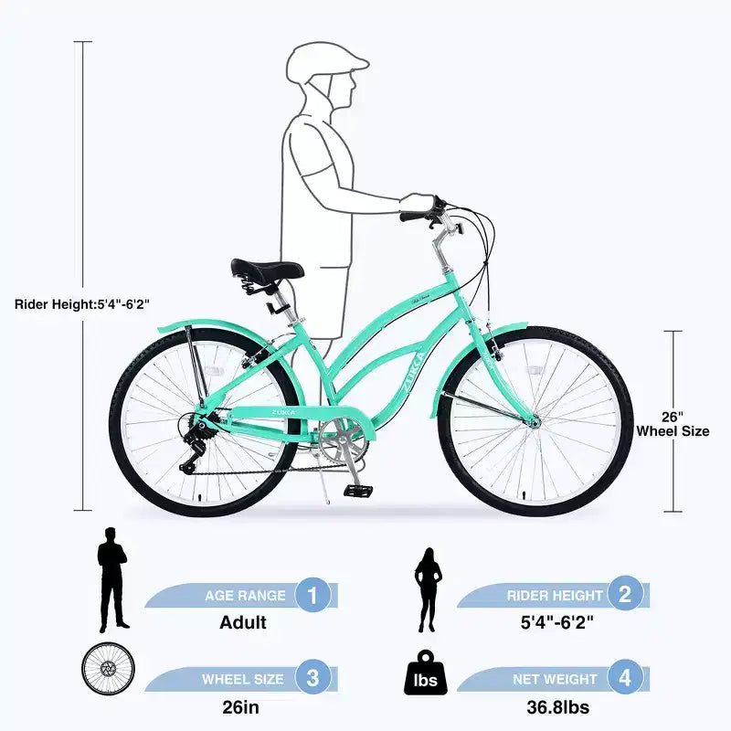 Whisen 26 Adultes Femmes Vélos de Plein Air, Vélo de Plage avec Cadre en Acier et Cadre Bas Incliné, 7 Vitesses