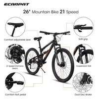 VTT Whisen 26 pouces unisexe avec cadre en acier, fourche et amortisseur, 21 vitesses