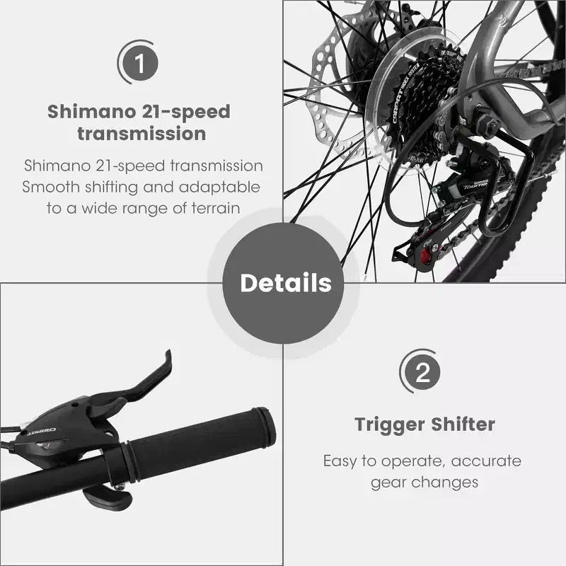 Whisen VTT 27 pouces 21 vitesses, fourche à suspension, cadre en aluminium, frein à disque - Gris