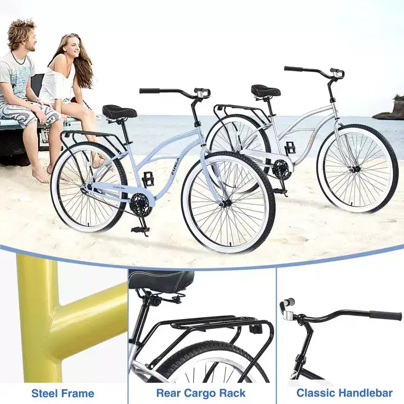 Vélo de plage Whisen 26 pour hommes, vélo à vitesse unique avec cadre en acier, roues larges pour la stabilité