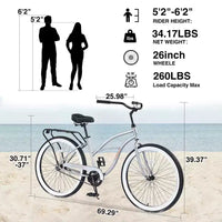 Vélo de plage Whisen 26 pour hommes, vélo à vitesse unique avec cadre en acier, roues larges pour la stabilité