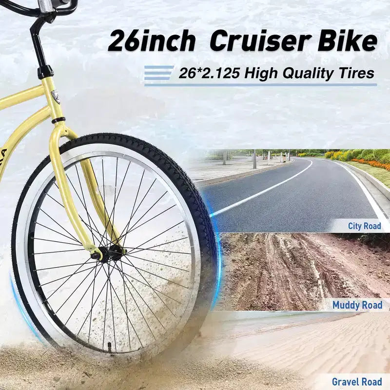 Vélo de plage Whisen 26 pour hommes, vélo à vitesse unique avec cadre en acier, roues larges pour la stabilité