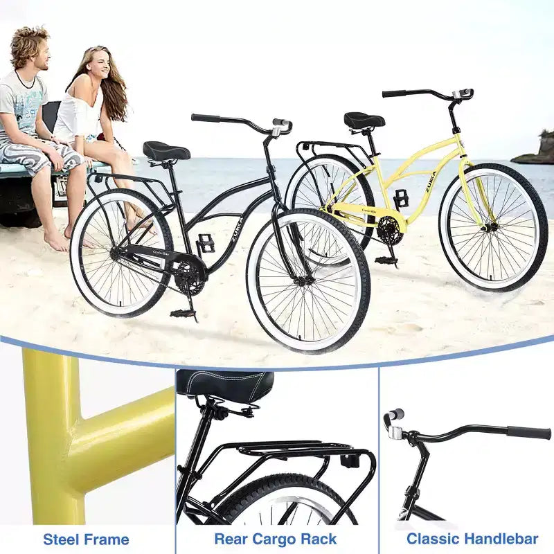 Vélo de plage Whisen 26 pour hommes, vélo à vitesse unique avec cadre en acier, roues larges pour la stabilité