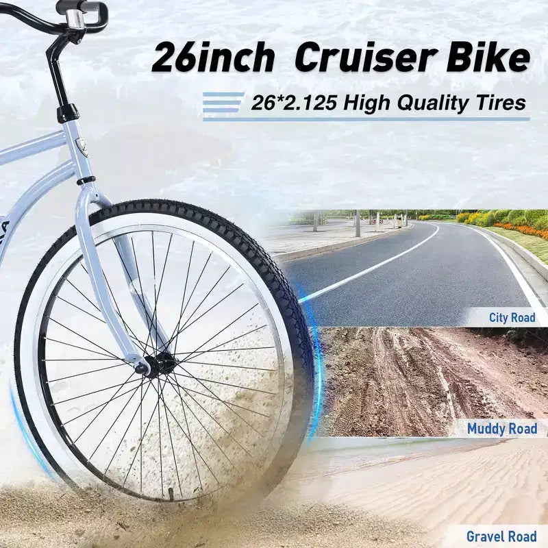 Vélo de plage Whisen 26 pour hommes, vélo à vitesse unique avec cadre en acier, roues larges pour la stabilité