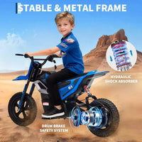 Moto électrique 24 V, 350 W pour enfants, 22 km/h, moto porteur avec suspension de roue arrière, 20 km d'autonomie, poignée d'accélérateur, musique