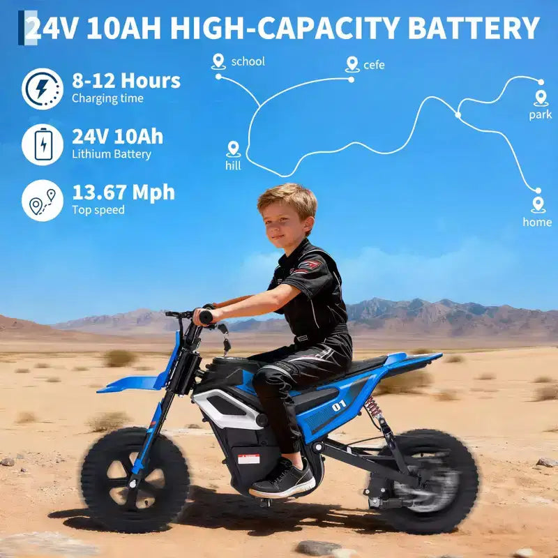 Moto électrique 24 V, 350 W pour enfants, 22 km/h, moto porteur avec suspension de roue arrière, 20 km d'autonomie, poignée d'accélérateur, musique