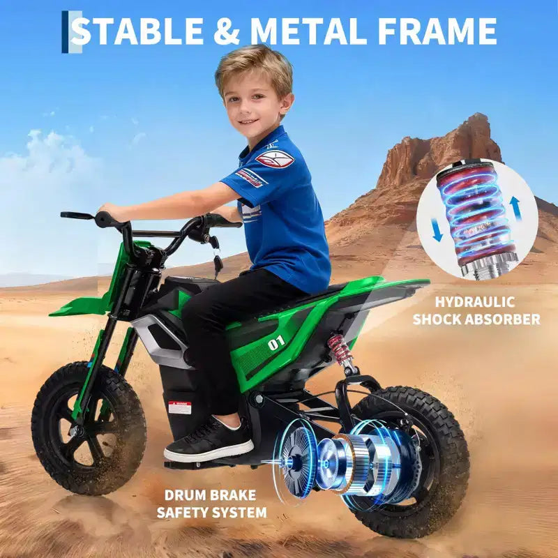 Moto électrique 24 V, 350 W pour enfants, 22 km/h, moto porteur avec suspension de roue arrière, 20 km d'autonomie, poignée d'accélérateur, musique