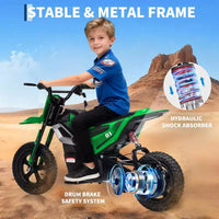 Moto électrique 24 V, 350 W pour enfants, 22 km/h, moto porteur avec suspension de roue arrière, 20 km d'autonomie, poignée d'accélérateur, musique