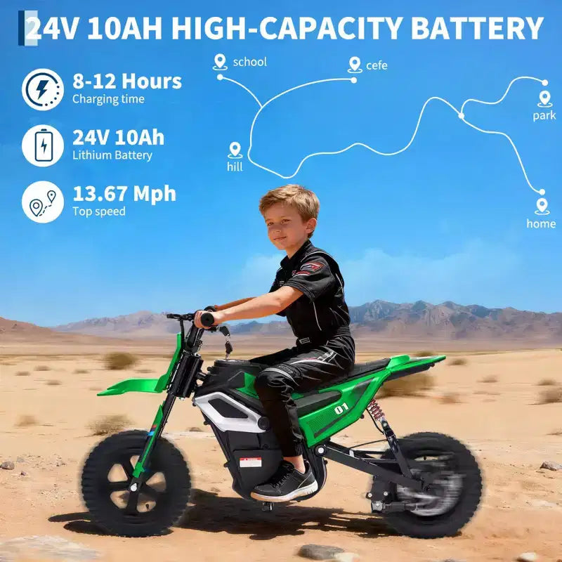 Moto électrique 24 V, 350 W pour enfants, 22 km/h, moto porteur avec suspension de roue arrière, 20 km d'autonomie, poignée d'accélérateur, musique