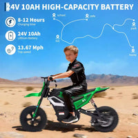 Moto électrique 24 V, 350 W pour enfants, 22 km/h, moto porteur avec suspension de roue arrière, 20 km d'autonomie, poignée d'accélérateur, musique