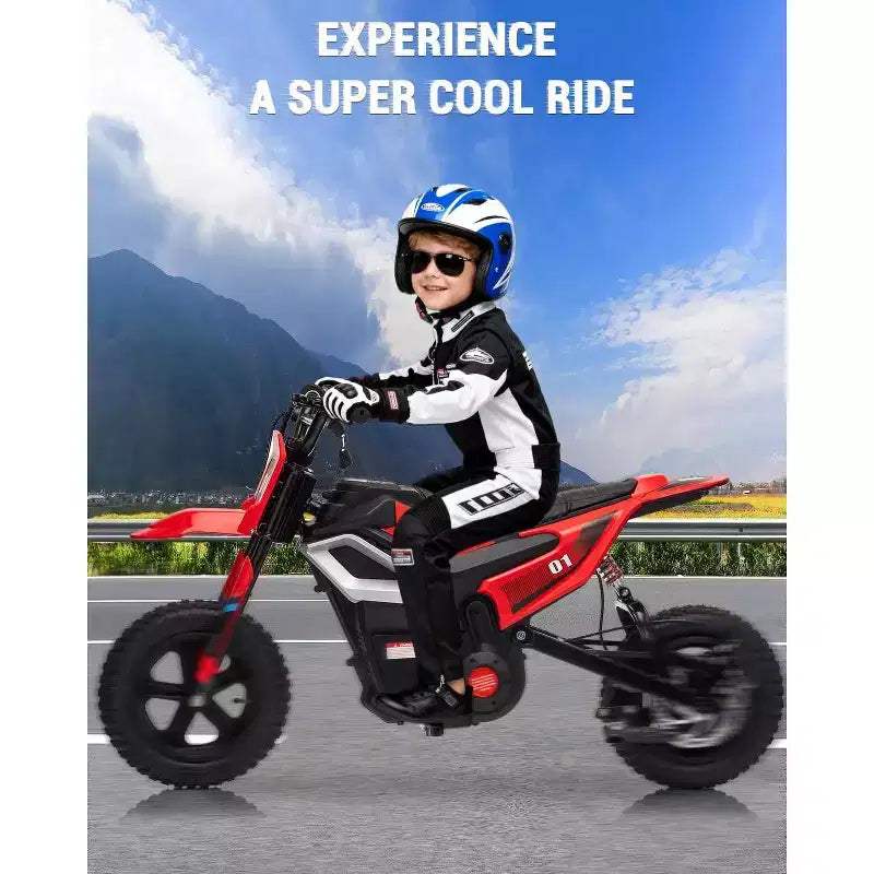 Moto électrique 24 V, 350 W pour enfants, 22 km/h, moto porteur avec suspension de roue arrière, 20 km d'autonomie, poignée d'accélérateur, musique