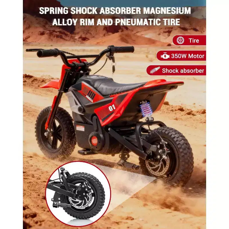 Moto électrique 24 V, 350 W pour enfants, 22 km/h, moto porteur avec suspension de roue arrière, 20 km d'autonomie, poignée d'accélérateur, musique