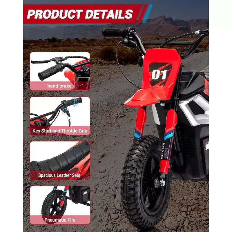 Moto électrique 24 V, 350 W pour enfants, 22 km/h, moto porteur avec suspension de roue arrière, 20 km d'autonomie, poignée d'accélérateur, musique