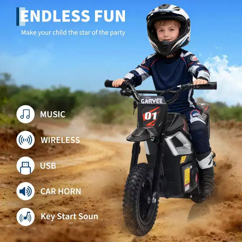 Moto électrique 24 V, 350 W pour enfants, 22 km/h, moto porteur avec suspension de roue arrière, 20 km d'autonomie, poignée d'accélérateur, musique