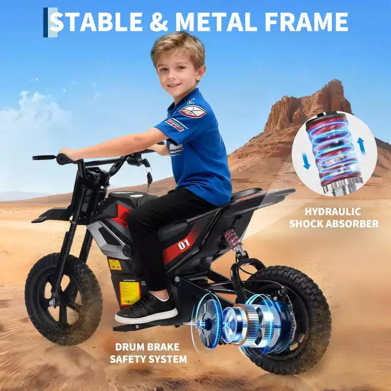 Moto électrique 24 V, 350 W pour enfants, 22 km/h, moto porteur avec suspension de roue arrière, 20 km d'autonomie, poignée d'accélérateur, musique