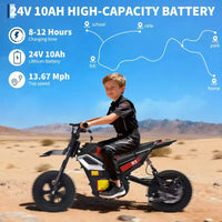 Moto électrique 24 V, 350 W pour enfants, 22 km/h, moto porteur avec suspension de roue arrière, 20 km d'autonomie, poignée d'accélérateur, musique