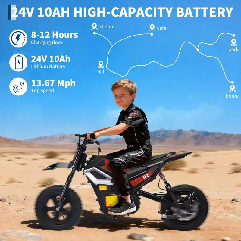 Moto électrique 24 V, 350 W pour enfants, 22 km/h, moto porteur avec suspension de roue arrière, 20 km d'autonomie, poignée d'accélérateur, musique
