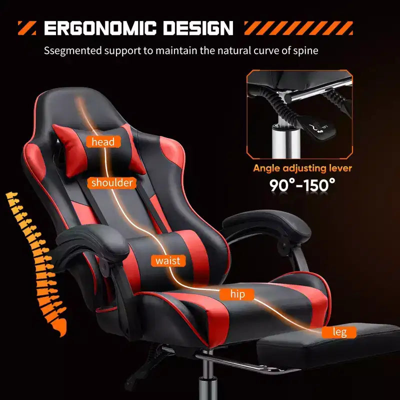 Chaise de jeu ergonomique Okak avec repose-pieds et soutien lombaire, chaise d'ordinateur avec appuie-tête et accoudoir, chaise à roulettes pour l'étude et le bureau