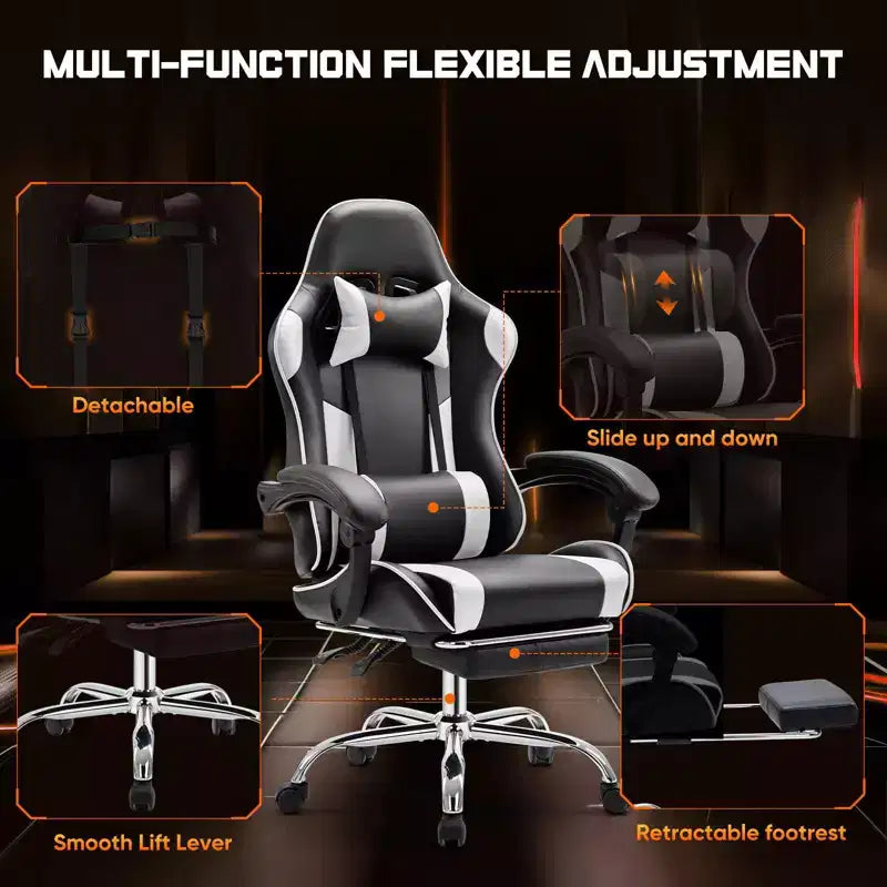 Chaise de jeu ergonomique Okak avec repose-pieds et soutien lombaire, chaise d'ordinateur avec appuie-tête et accoudoir, chaise à roulettes pour l'étude et le bureau